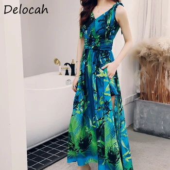 

Delocah Summer Fashion Designer Female Set Sexy Spaghetti Strap Printed Women Split Long Dress + Short Pants 2 Two Pieces Suits