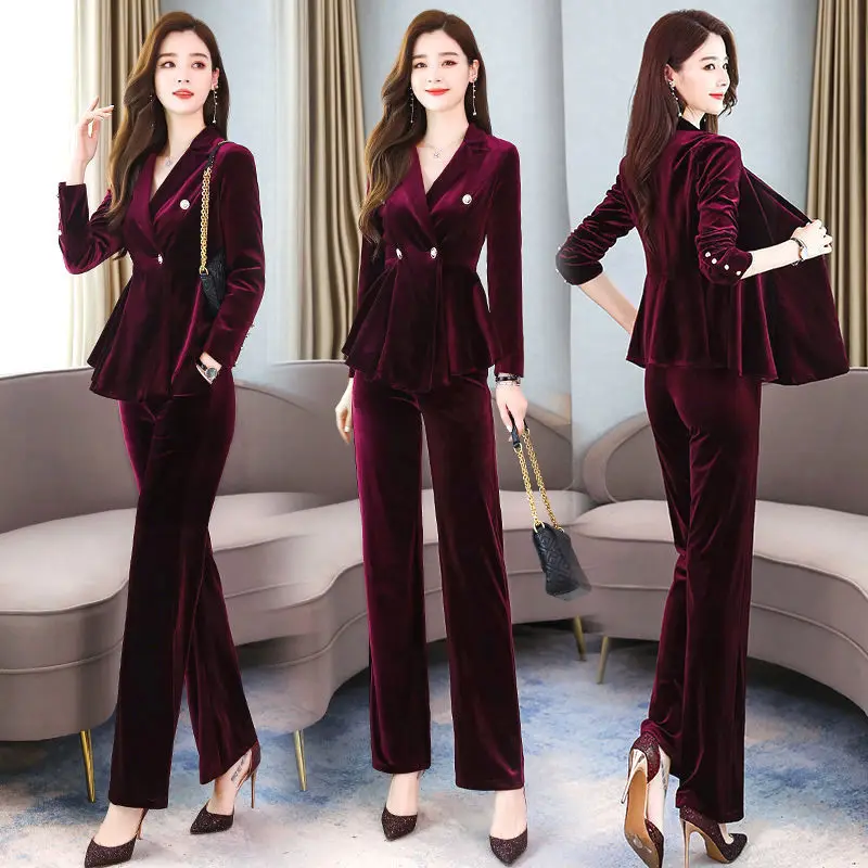 

Gold Velvet Small Suit Women Autumn Temperament Professional Wear Two-Piece Suit Jacket