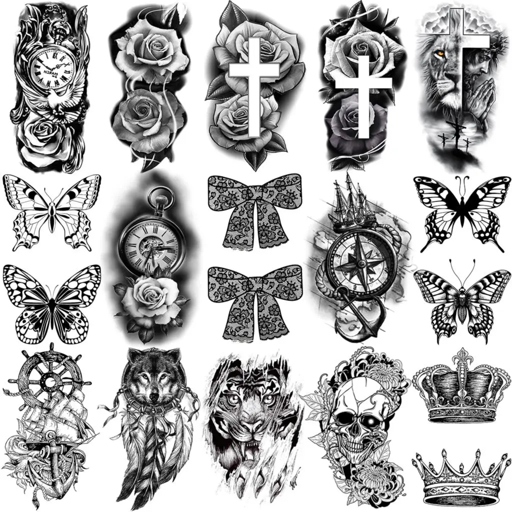 

Bow Tiger Lion Flower Temporary Tattoos For Women Adult Men Cross Compass Anchor Crown Skull Fake Tattoo Neck Hands Small Tatoos