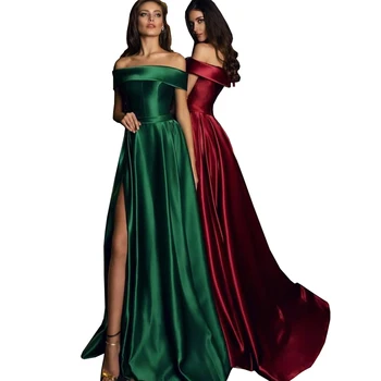 

Elegant Evening Dresses Off The Shoulder Satin Evening Gowns Long Party Gowns High Split Robe De Soiree Sexy Formal Dresses