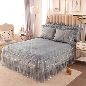 

Lace Embroidery Dust Ruffles Girls Bed Skirt Pillowcases Super Soft 100%Cotton Quilted Bedspread Princess Bedding set