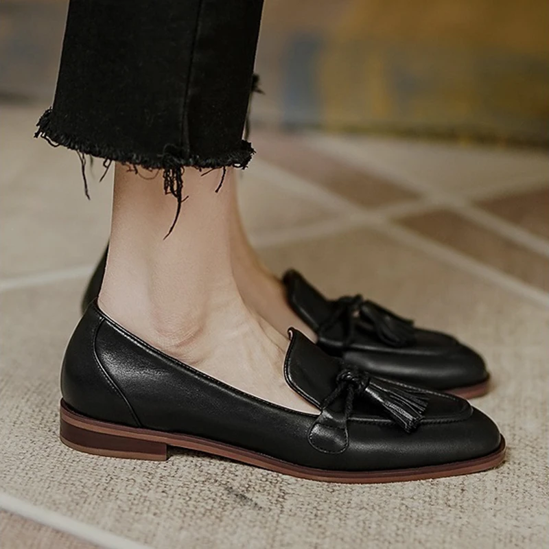 Retro Tassel bow-knot small leather shoes women loafers square toe low heels oxfords woman ins genuine leather fringe flats