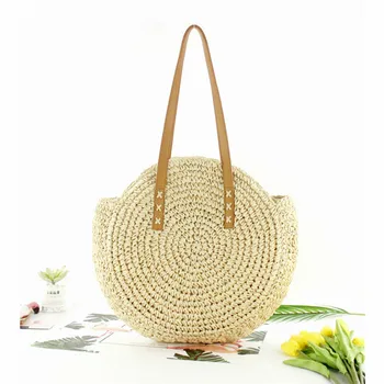 

2019 Newest Women Boho Woven Straw Handbag Tote Shoulder Bags Summer Beach Casual Straw Wicker Bag 2 Colors Round Straw Handbags