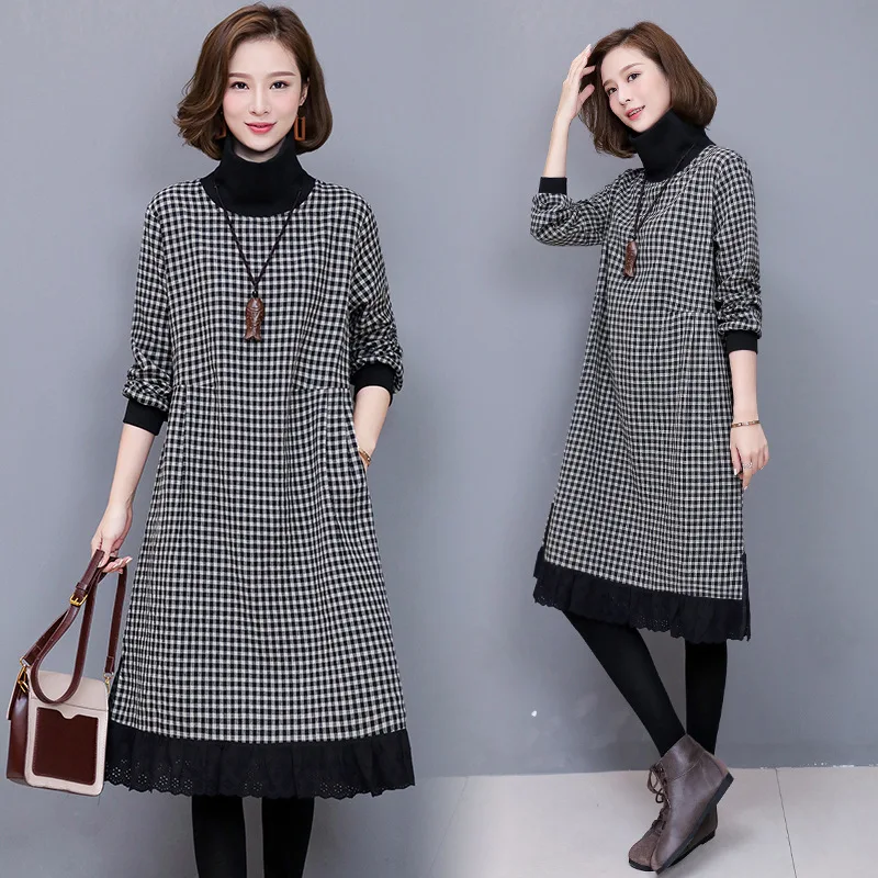 

Clothing Cents 2019 Autumn New Style Cowboy Strap Dress WOMEN'S Dress Plaid Casual plus Velvet Loose-Fit Mid-length Dress