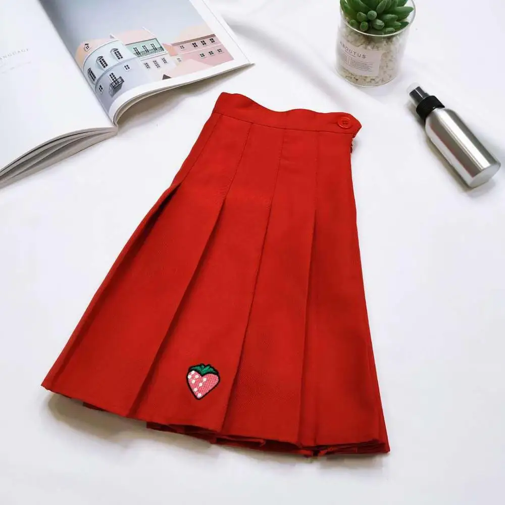 XS-2XL летние юбки для женщин Harajuku юбка хлопок милые разноцветные юбки Свободные плиссированные юбки вышитые юбки с клубникой - Color: red
