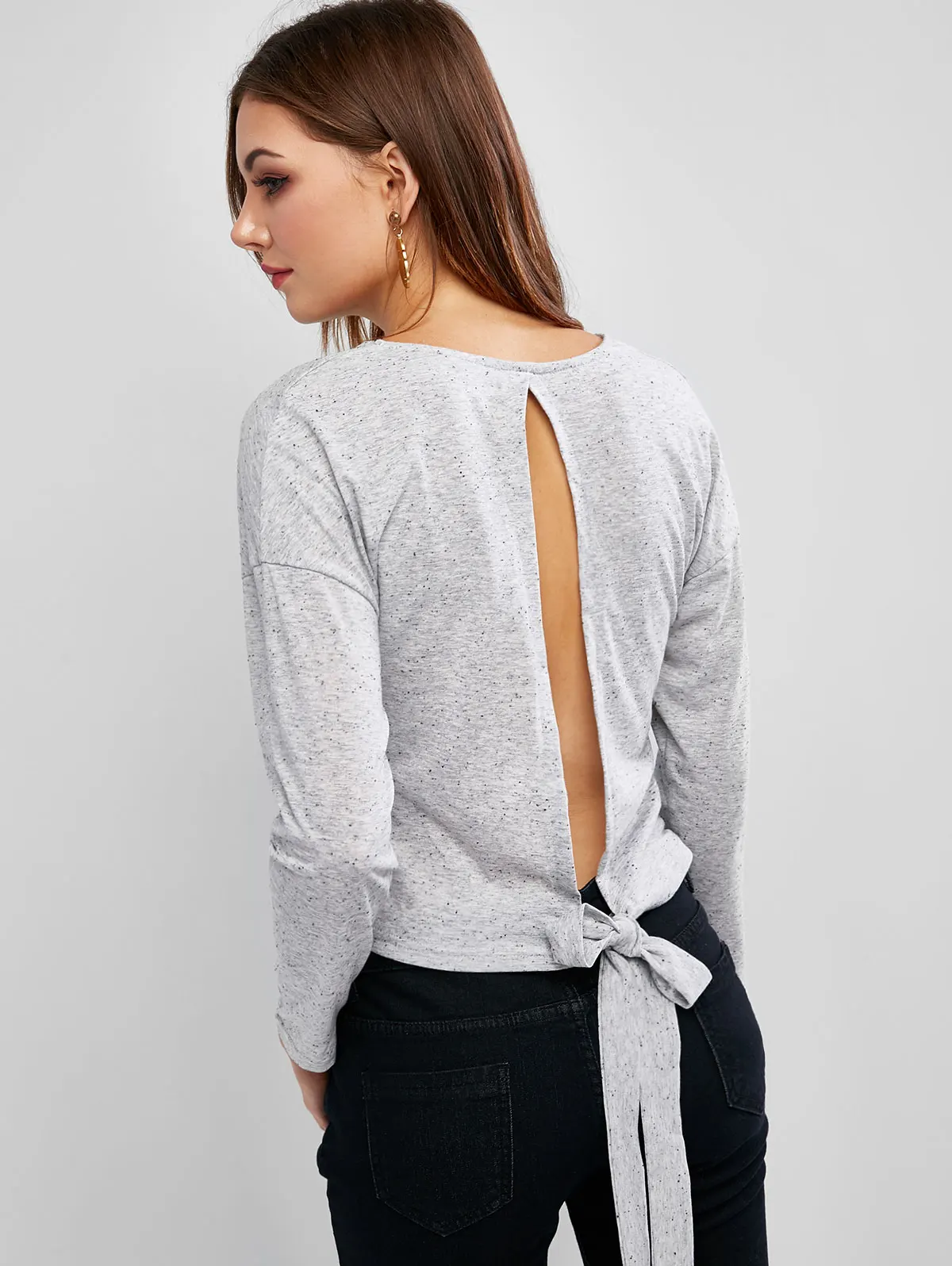 

ZAFUL 2019 Newest Flecked Drop Shoulder Open Back T-shirt For Women Round Neck Tie Up Autumn Sexy Pullovers Solid Color Tops
