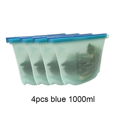 4pcs blue 4 шт 1000 мл/1500 мл силиконовый мешок многоразовый силиконовый мешок для еды Zero отходов Ziplock сумка для хранения продуктов холодильник свежие сумки Organiz - Цвет: 4pcs blue