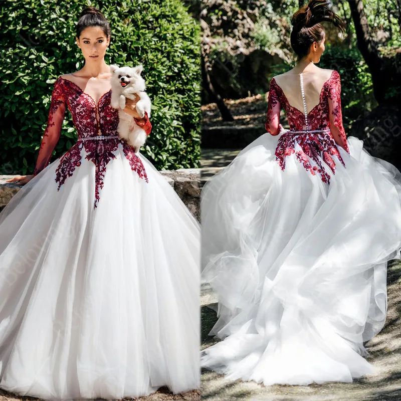 Princess Ball Gown Tulle Wedding Dresses 2021 Wine Red Lace Appliques Straps Bridal Gowns Bride Dress Vestidos de Noiva | Свадьбы и