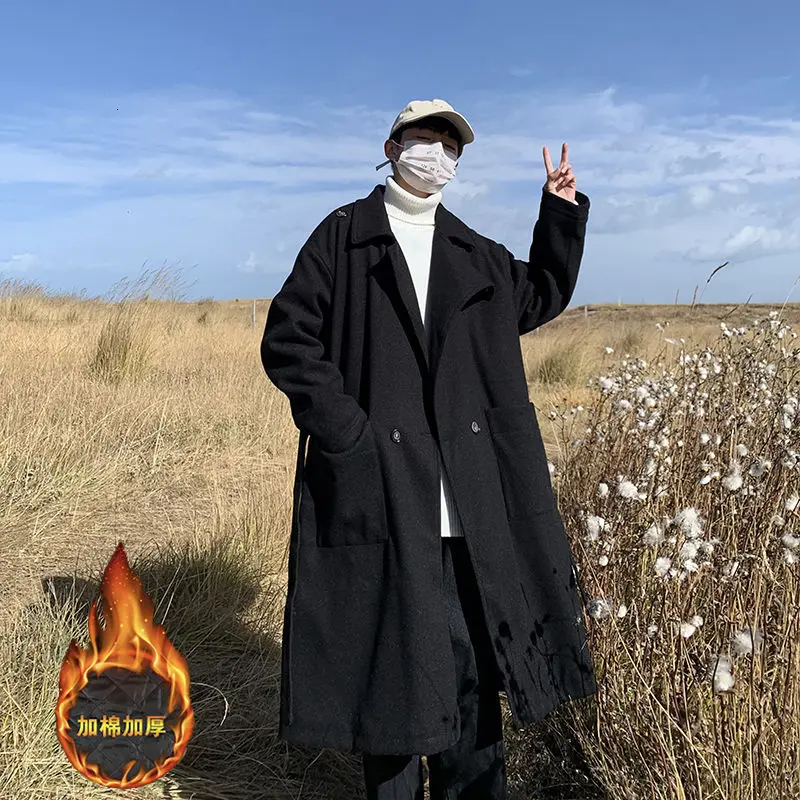 

Winter Plus Cotton Thick Woolen Coat Men's Fashion Casual Long Woolen Coat Men Loose Korean Oversize Woolen Coat Mens Overcoat