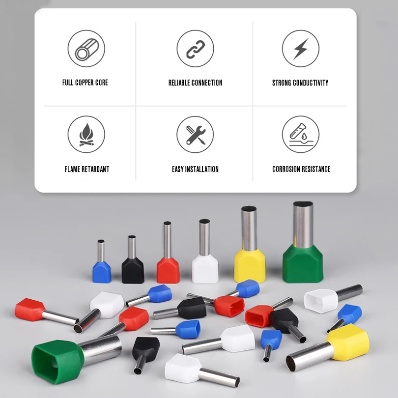 Wire Connectors Terminal Connector Electrical Connectors Plug Soldering Terminal 100Pcs Wire Ferrules End Sleeve Double Cord Terminal Copper Insulated Crimp Splice Terminals Connector TE0508 7508 1008 2508