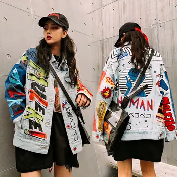 

2020 Spring And Autumn New Jackets Women's Clothing Tide Brand Street Hip Hop Style Cartoon Printed Couple Women's Denim Jacket