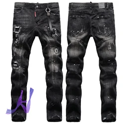 Dsq pantalones vaqueros elásticos con agujeros, Jeans de alta calidad, informales, DSQ2, color negro