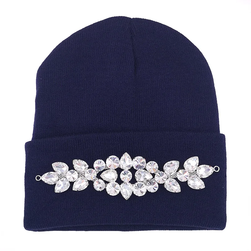 Dark Blue Зимние женские шапки-бини, стразы, новинка, новинка, хлопковые шапочки Skullies Beanies для женщин, шапки Bonnet Femme Hiver, рождественский подарок - Цвет: Dark Blue