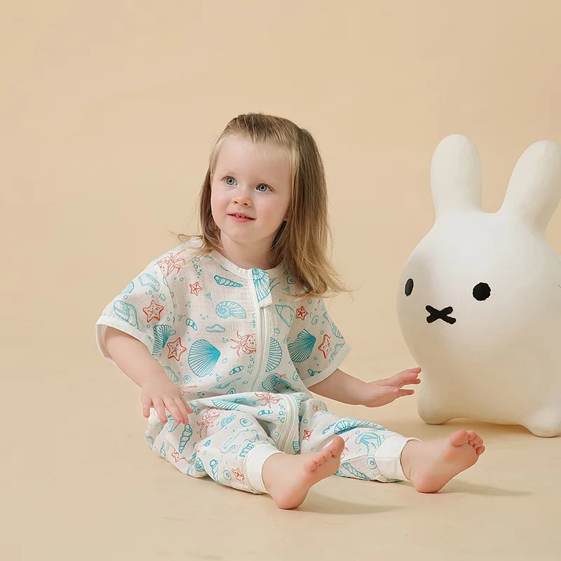Baby Sleeping Bag Double Gauze Pure Cotton Short Sleeve Spring Summer Children Pajamas Kids Boy Girls Nighty Clothes 0-4T