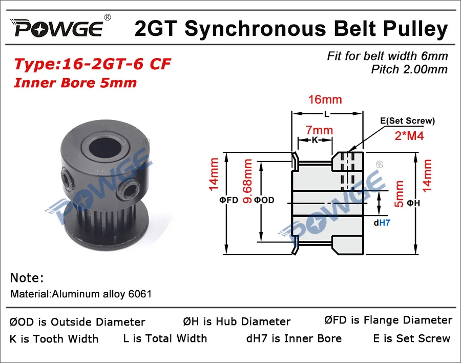 POWGE Black 16 teeth 2MGT 2GT Timing Pulley Bore 5mm small backlash for 2M GT2 Open Synchronous belt width 6mm 16Teeth 16T VORON