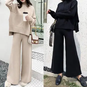 

2020 2Pcs Autumn Winter Material Polyester Fiber Women Solid Color Tracksuit Knitted Sweater Wide Leg Pants