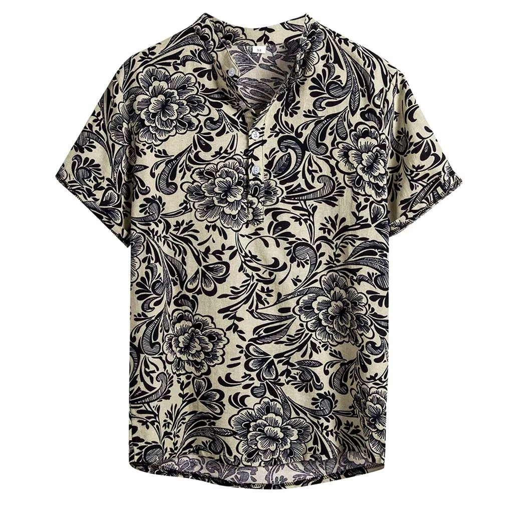 KLV, летняя мужская рубашка, с этническим принтом, стоячий воротник, хлопок, лен, в полоску, короткий рукав, свободная гавайская рубашка Хенли, гавайская, 9815 - Цвет: Gray