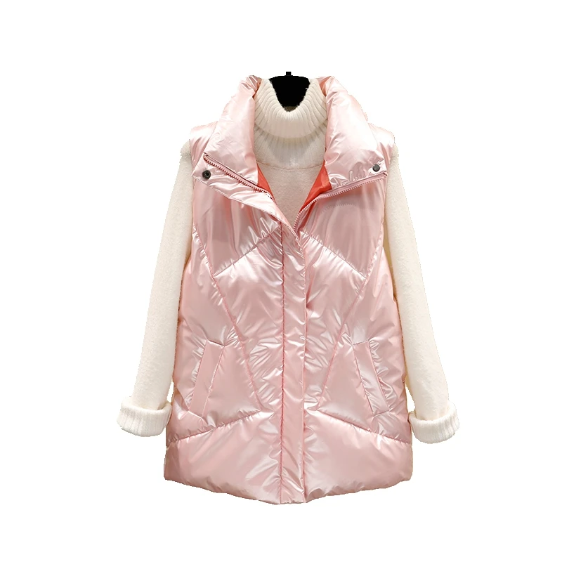 

Lingwave Plus Size S-3XL Stand Collar Short Vest Women Vests Cotton Padded Jacket Sleeveless Female Shinny Winter Pink Waistcoat