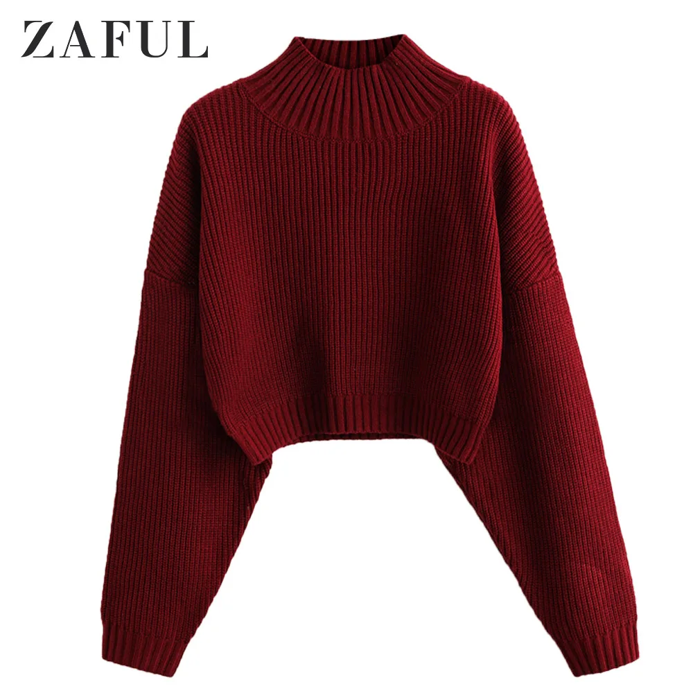 ZAFUL простой свитер с высоким воротом, осенне-зимний однотонный Повседневный женский топ,, пуловер, свитера для женщин