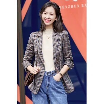 

2020 Spring/autumn Fashion Women Professional Wear Suit Coat Work Wear Plaid Notched Ladies Blazers Office Formal Plus Size 4xl