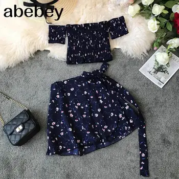 

Women Summer Two Piece Sets New 2019 Ladies Sexy Shash Neck Off Shoulder Tops Shirt + Bandage Mini Skirts Suits Beach 2 Pcs Set