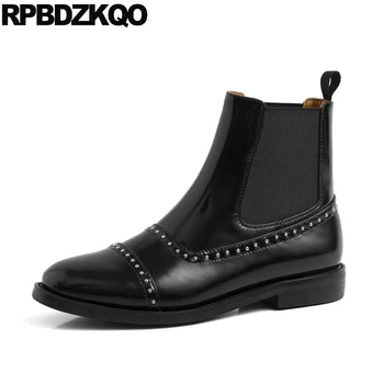 

booties patent leather size 4 black short women ankle boots 2019 round toe chelsea shoes stud japanese metal flat slip on rivet