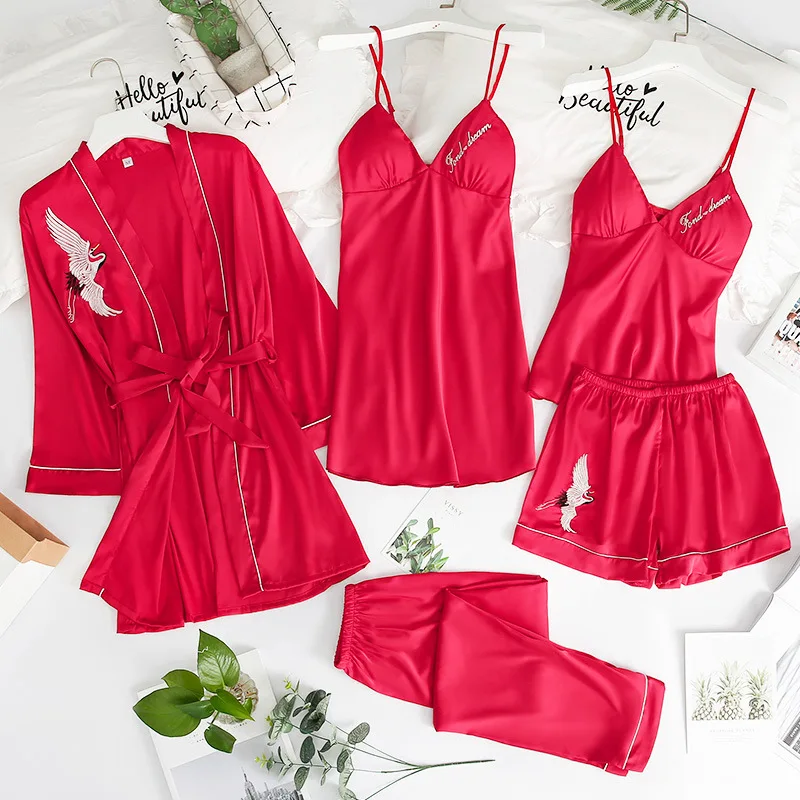 

5 Pcs Women's Pajamas Set Faux Silk Embroidery Sleepwear Bathrobe Built-in Chest Pad Spaghetti Strap Home Clothes High Quality