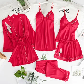 

5 Pcs Women's Pajamas Set Faux Silk Embroidery Sleepwear Bathrobe Built-in Chest Pad Spaghetti Strap Home Clothes High Quality