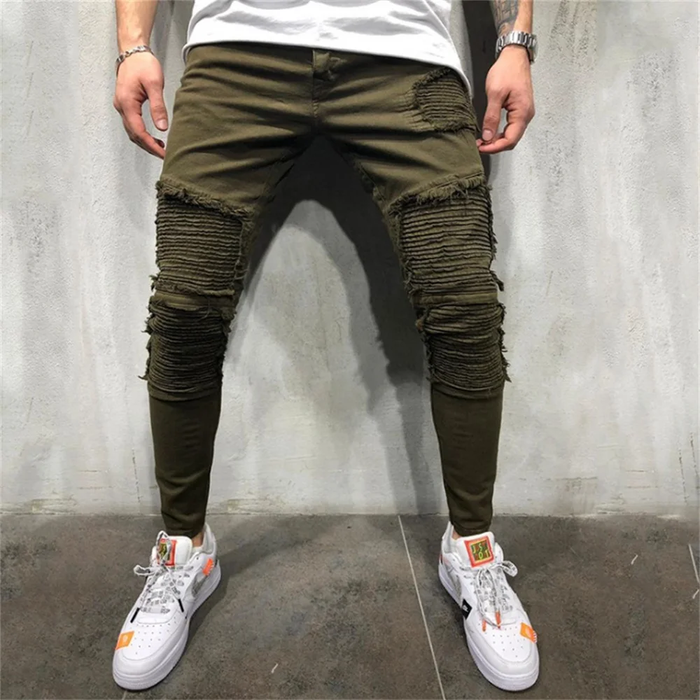 

Summer Army Green Stiletto Jeans Men's Ripped Holes Wrinkled Wave Stripes Decorated High Stretch Pants Slim Locomotive Frayed