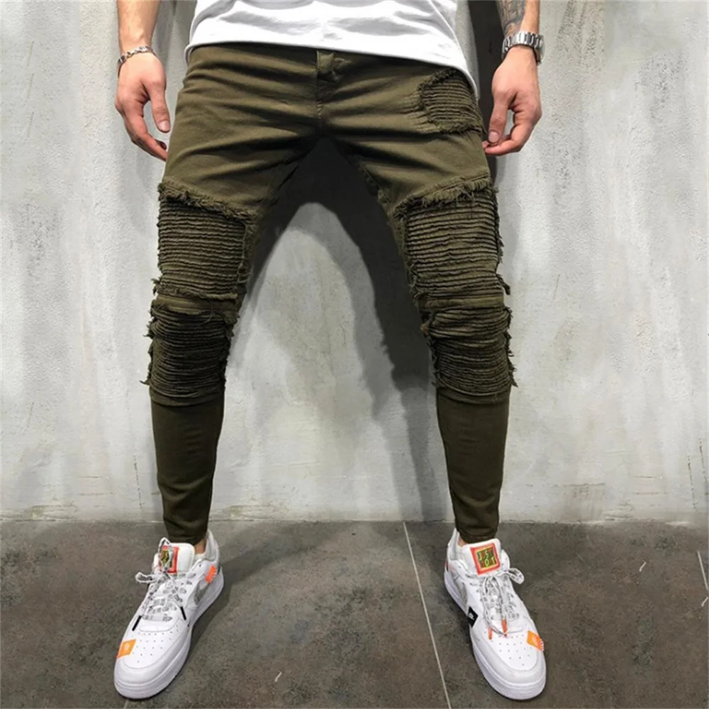 Summer Army Green Stiletto Jeans Men's Ripped Holes Wrinkled Wave Stripes Decorated High Stretch Pants Slim Locomotive Frayed