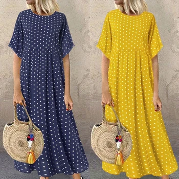 

2019 Autumn New Round Neck Short-sleeved Wave Point Small Fresh Long Paragraph Large Size Loose Dress
