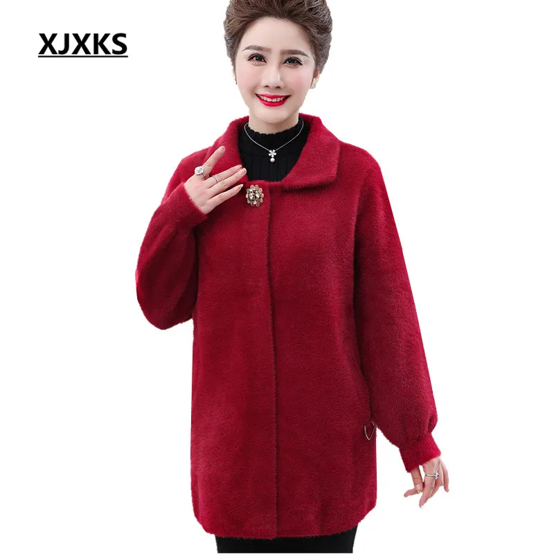 

XJXKS 2019 autumn winter new women woolen coat loose plus size fashion lapel high quality mink cashmere women coat