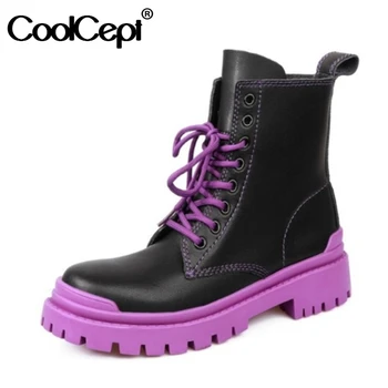 

CoolCept Real Leather Women Ankle Boots Flats Mixed Color Shoes Round Toe Warm Boots Women Party Footwear Size 34-39