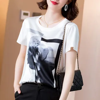 Summer Women Casual Print Patchwork Satin Shirt Fashion Tops Tees Rayon T-shirts O-Neck Loose O-Neck Short Sleeve Tshirts 2