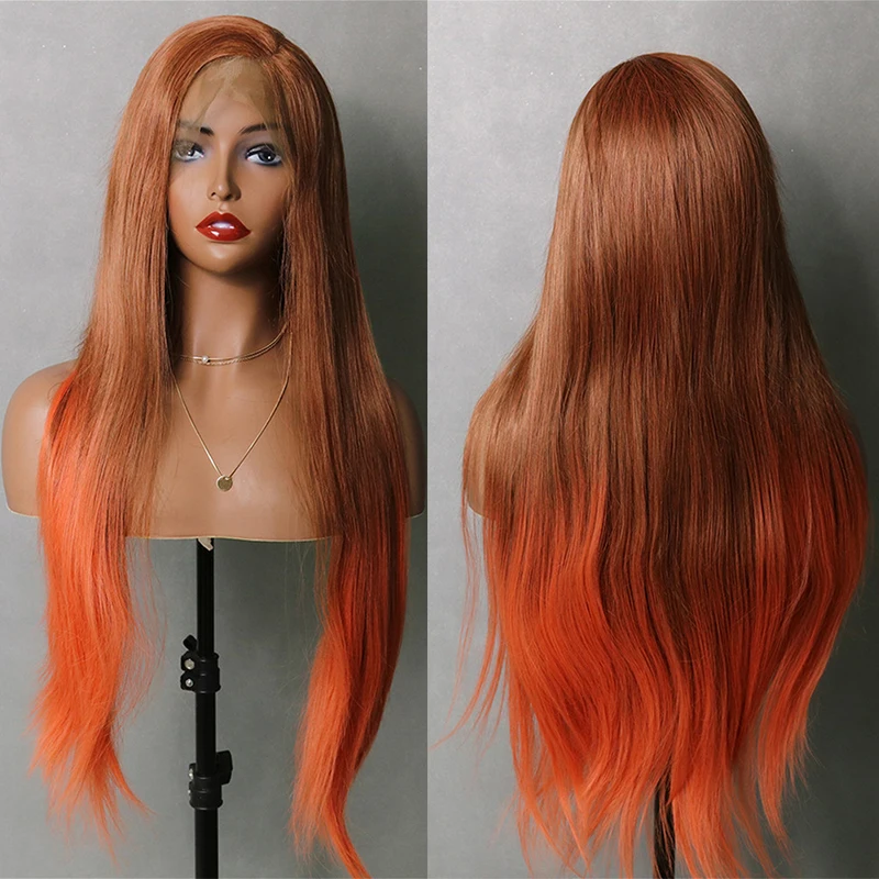 EEWIGS, оранжевый цвет, синтетический 360, фронтальный парик на шнурке, боковая часть, Длинные прямые парики, жаропрочные, перетягивающие, королевские, Омбре парики для женщин - Цвет: Оранжевый
