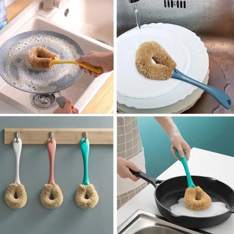 Kitchen Natural Coconut Brown Non-Stick Long Handle Pot Oil Cleaning Brush