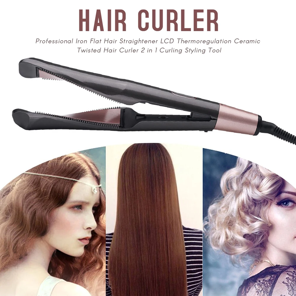 

Professional 2 in 1 Curling Styling Tool Women Iron Flat Hair Straightener LCD Thermoregulation Ceramic Twisted Hair Curler