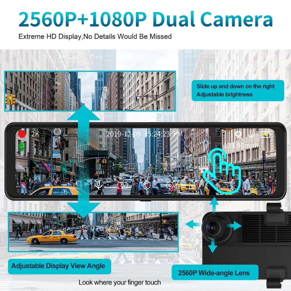 1" HD зеркало Dash Cam Автомобильная резервная камера двойной объектив Dash Cam рекордер 2560P+ 1080P 2K ips полный сенсорный экран автомобильный рекордер