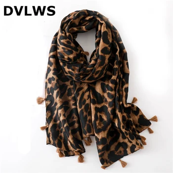 

DVLWS Stock Classic Luxury Leopard Printed Scarves Women Head Scarf with Taseel Gift GBrown Green Beige Color with Tassel
