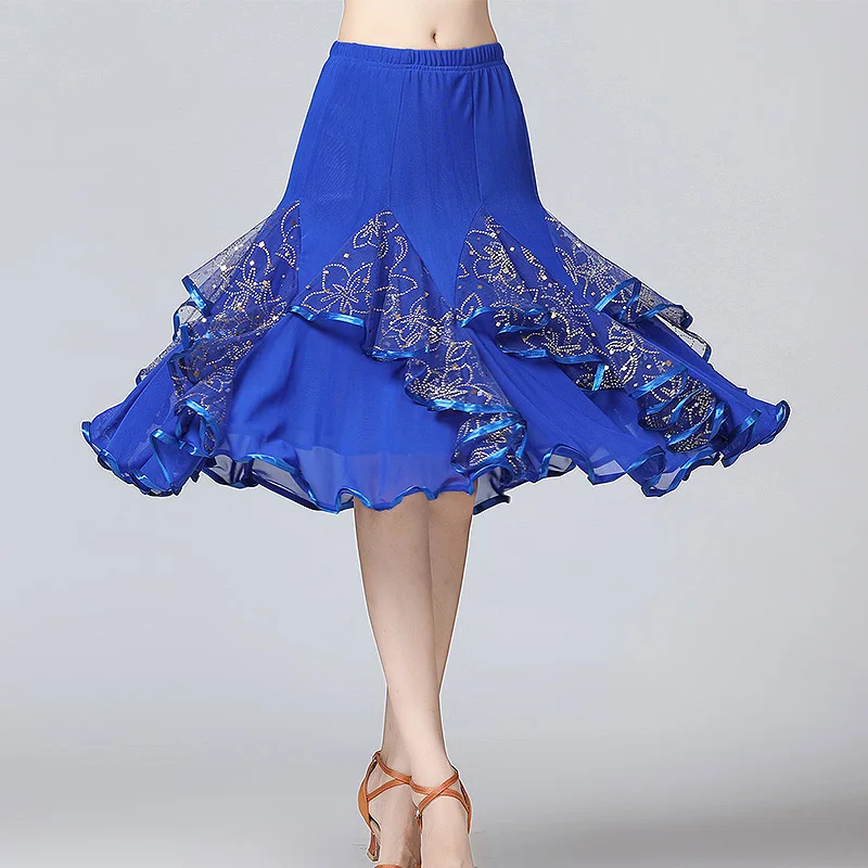Женские юбки для бальных танцев, женские современные юбки для танцев, костюмы для танго выступление, национальный стандарт, юбки для танцев - Цвет: Blue