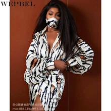WEPBEL Fashion V-neck Dress Women&#39;s Casual Leopard Stripe Print Loose Dress Autumn Lace-up Lantern Sleeve Split Shirt Dress