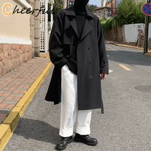 

Belt Trench Coat Men's Fashion Casual Double-breasted Long Coat Men Korean Loose Oversize Windbreaker Jacket Mens Overcoat M-3XL