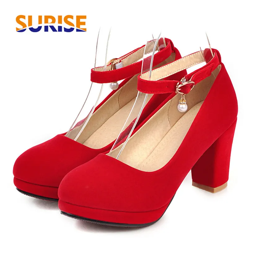Zapatos de plataforma de moda para mujer, tacones altos gruesos de 7,5 cm, rojo y negro, aterciopelados, fiesta informal de la Oficina, Primavera, zapatos de correa en el tobillo