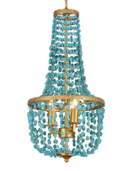 

Vintage gold chandelier Green turquoise stones beads chandelier lighting french style antique suspension hanging retro 3 light