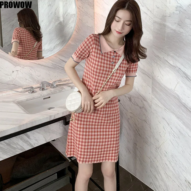 Summer 2020 New Women Plaid Polo Collar Straight Dress Female Korean Japanese Short Sleeve Mini Sweet Dress Ladies