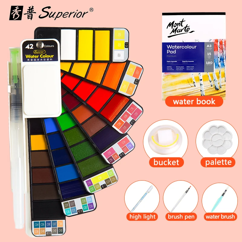 Conjunto grande de pintura de acuarela sólida con pincel de agua, conjunto Superior de 42 colores, pigmento de Color agua plegable para viaje para principiantes