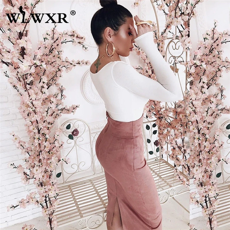 WLWXR, искусственная замша, кожа, сексуальные, Облегающие юбки для женщин,, Сплит, эластичная, высокая талия, юбка-карандаш, для офиса, для женщин, юбка миди