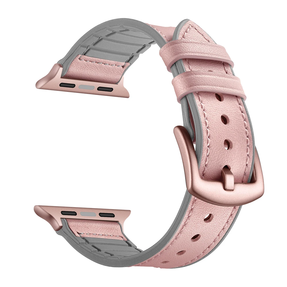 pink Ремешки для наручных часов apple watch series 5 44 мм() кожаный ремешок с силиконовым браслетом для iwatch 5 40 мм ремень correa - Цвет ремешка: pink