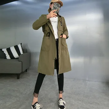 

Korean Wide-waisted LongTrench Coat for Women Adjustable Waist Hooded Ladies Windbreaker Solid Zipper Designer Fall Coat