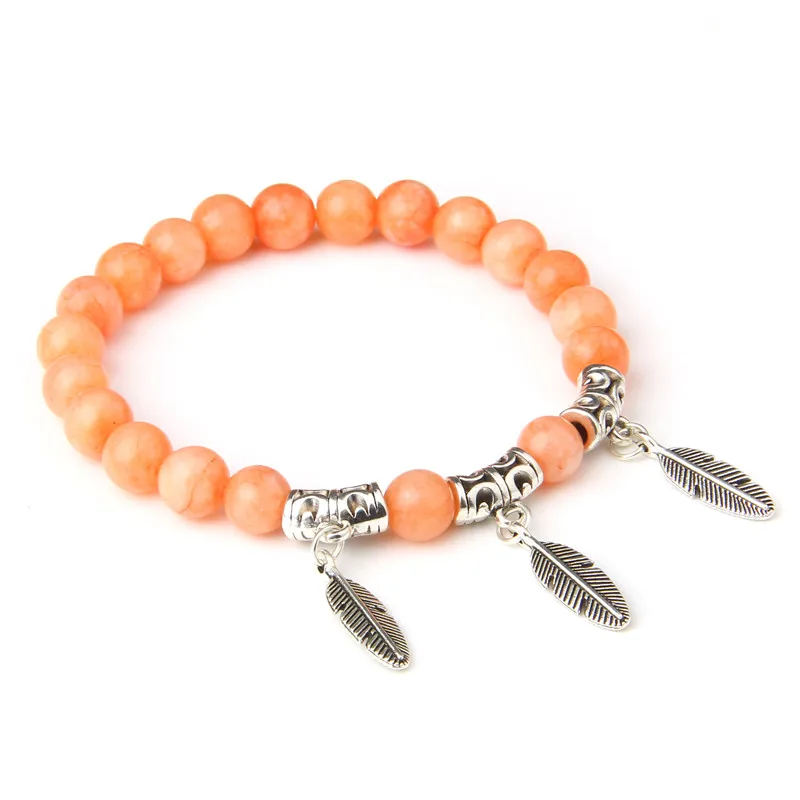 

Natural Orange Chalcedony Bracelet Women Silver Tiny Feather Charm Bracelets Fashion Semiprecious Bangle Healing Energy Jewelry